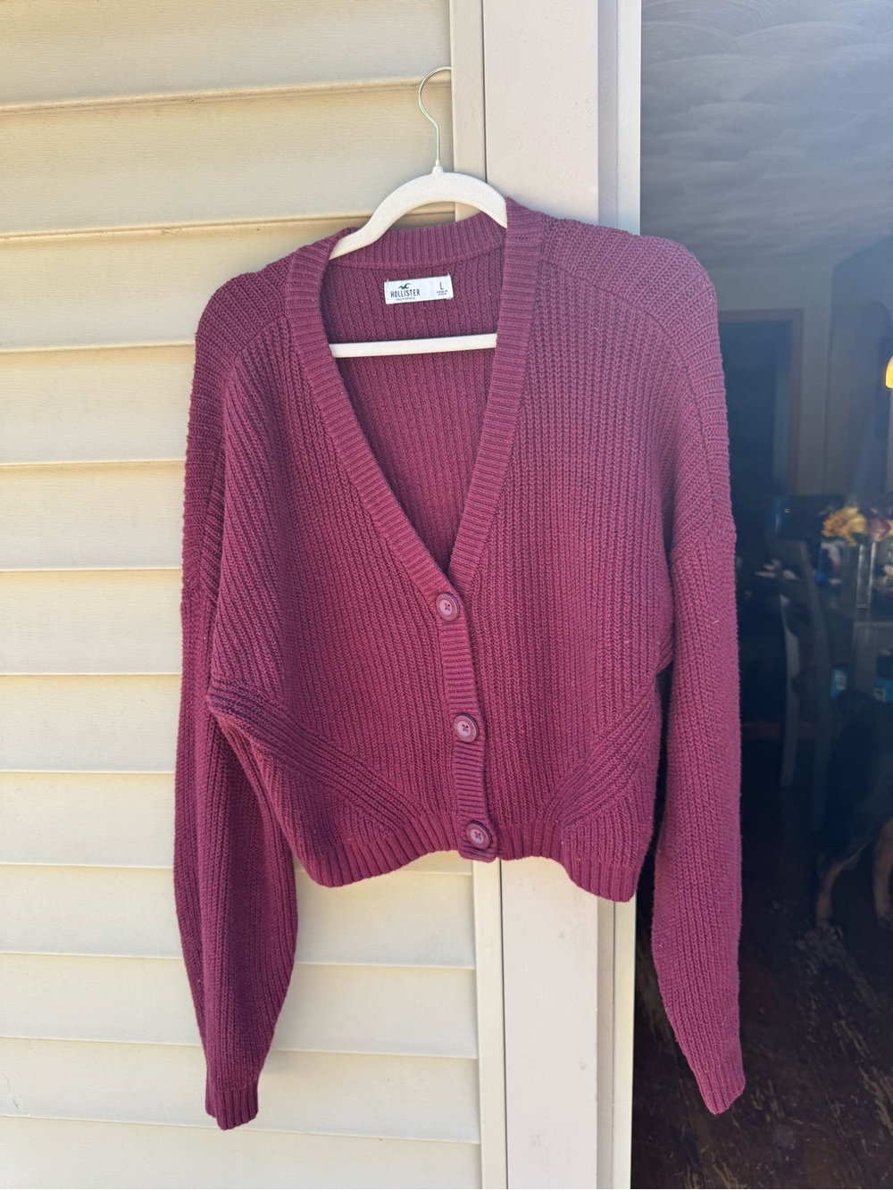 Hollister Ribbed V-Neck Button Cardigan - Wine Berry